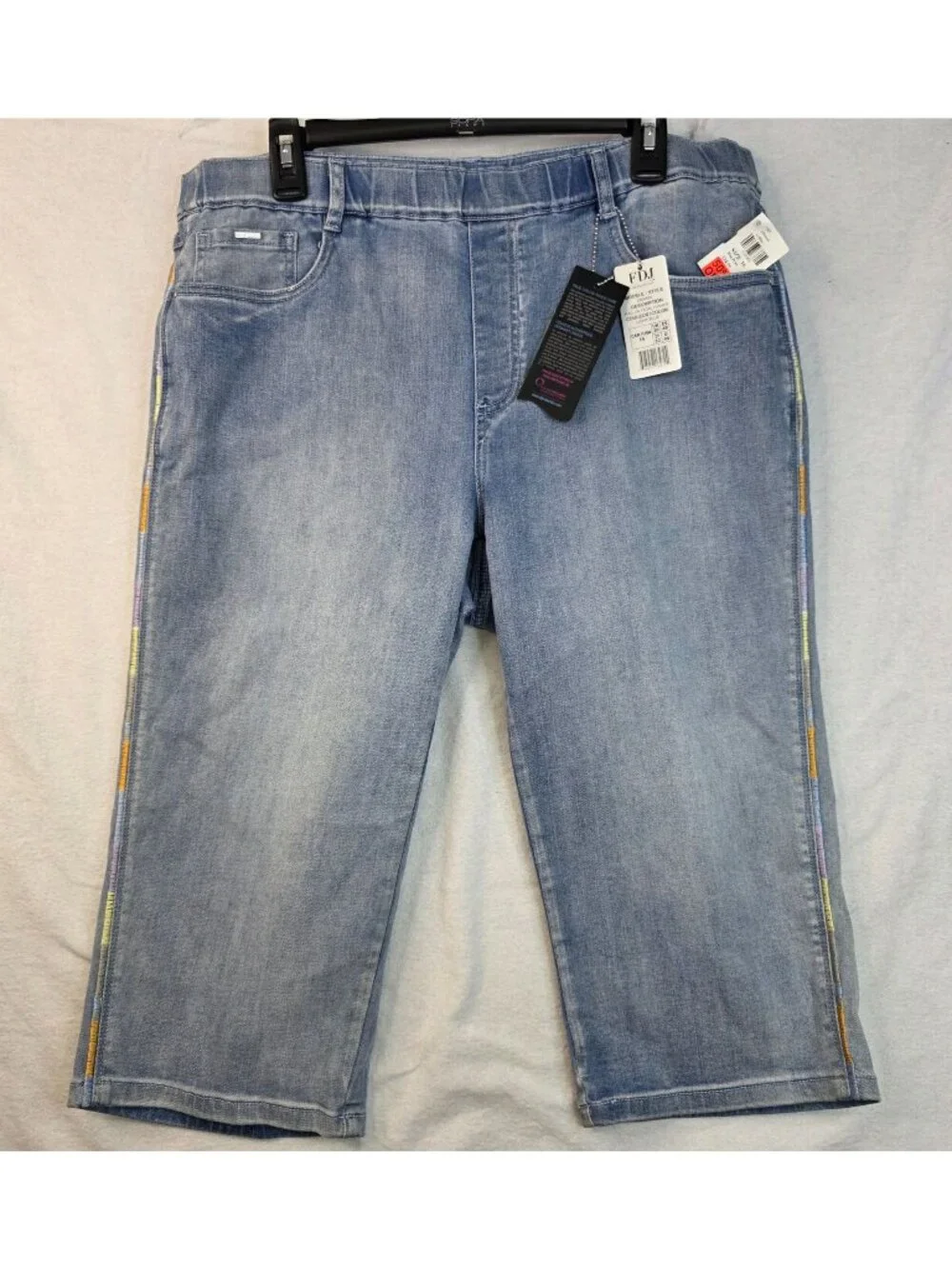 FDJ Pull On Pedal Pusher Jeans Sze 16 Blue Denim Mid Rise Embroidered Streetwear